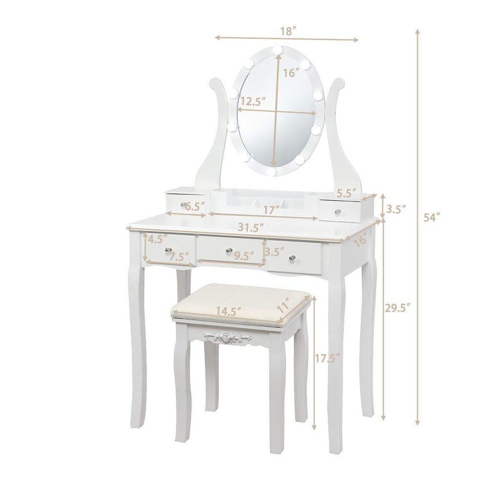 White Makeup Vanity Table with Lighted Mirror and Stool F769