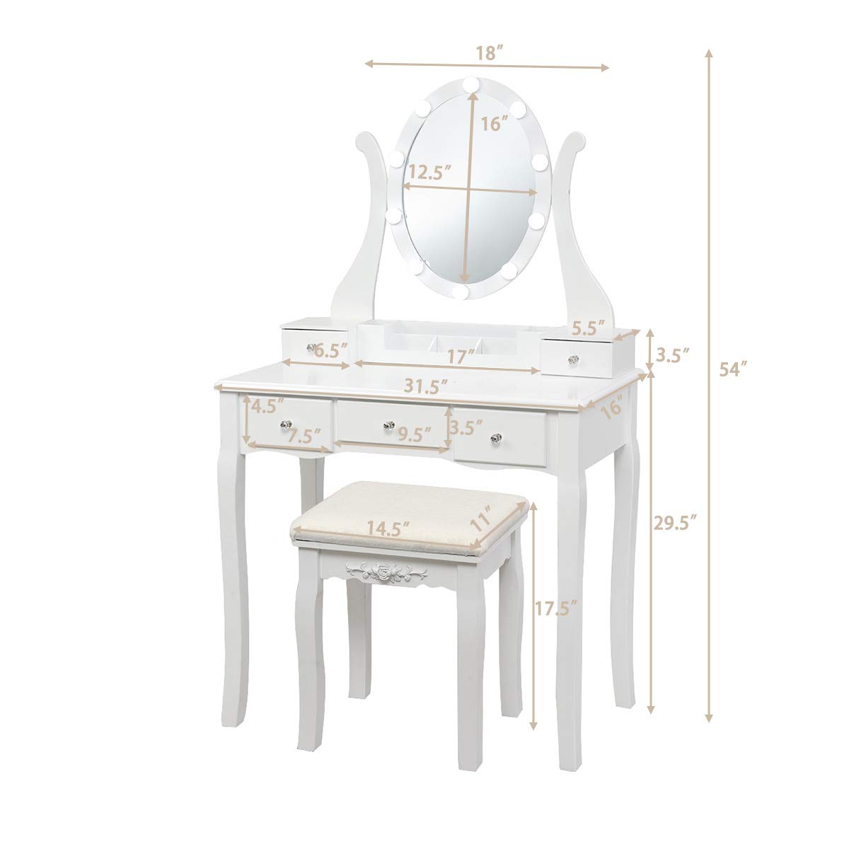 White Makeup Vanity Table with Lighted Mirror and Stool F769