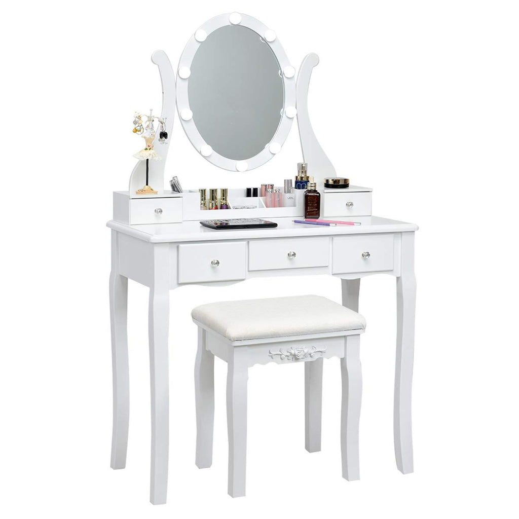 White Makeup Vanity Table with Lighted Mirror and Stool F769