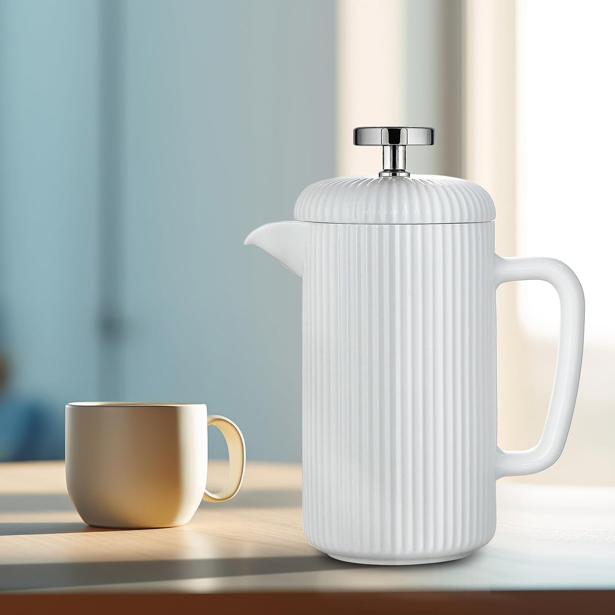 Porcelain French Press 22 fl oz Coffee Tea Maker with Stainless Steel Plunger Ivory R195377