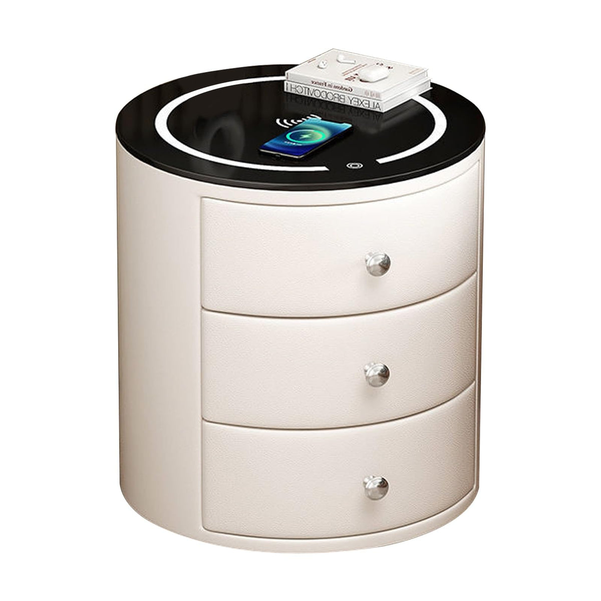 White 3 Drawer PU Leather Nightstand with Wireless Charging and LED Lights U273955