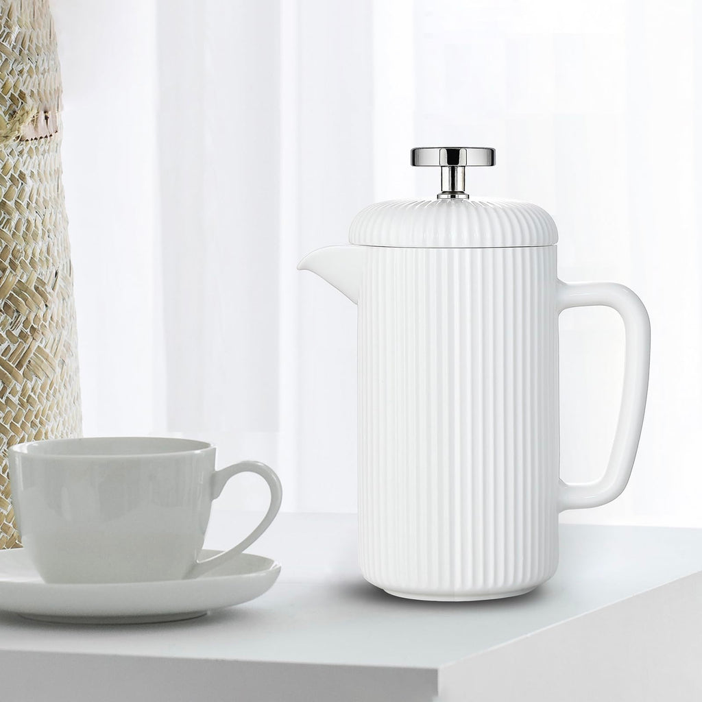 Porcelain French Press 22 fl oz Coffee Tea Maker with Stainless Steel Plunger Ivory R195377