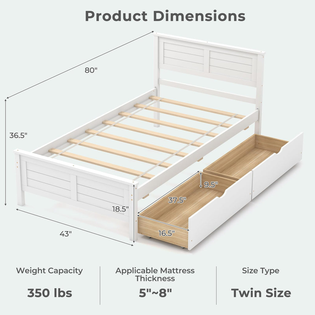White Wood Twin Bed with 2 Storage Drawers D469
