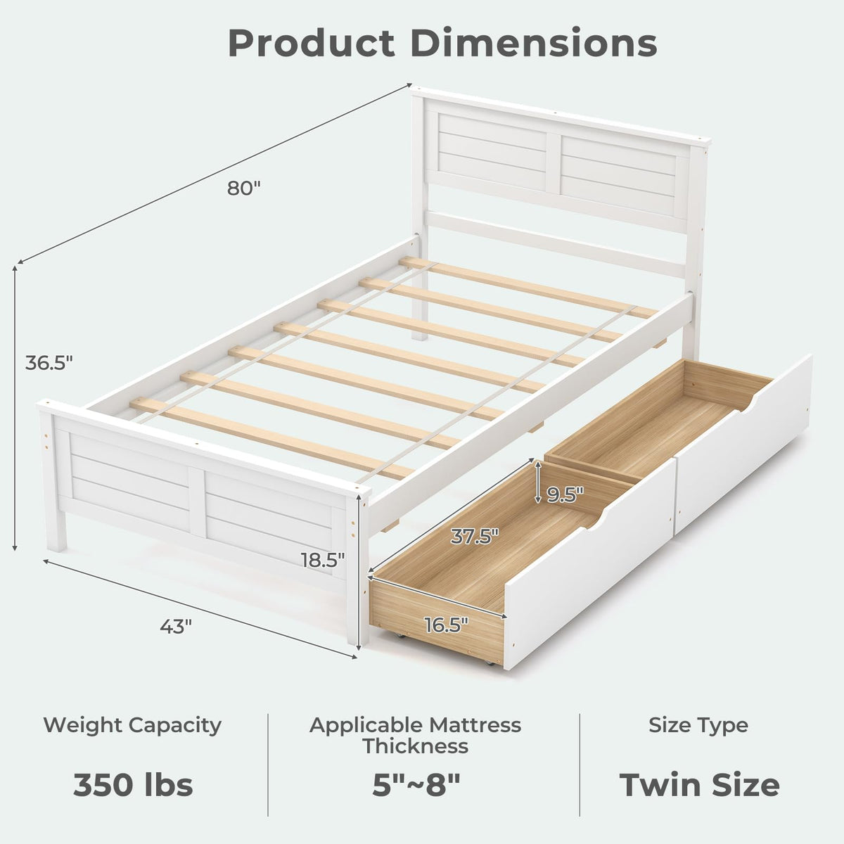 White Wood Twin Bed with 2 Storage Drawers D469