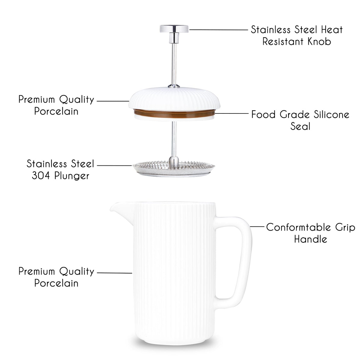 Porcelain French Press 22 fl oz Coffee Tea Maker with Stainless Steel Plunger Ivory R195377