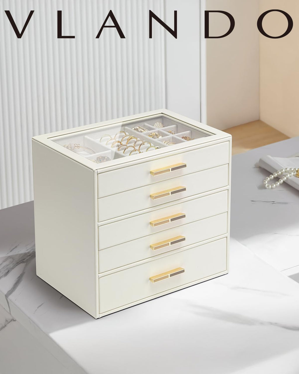 5 Layer Glass Lid Jewelry Organizer with 5 Drawers U2829