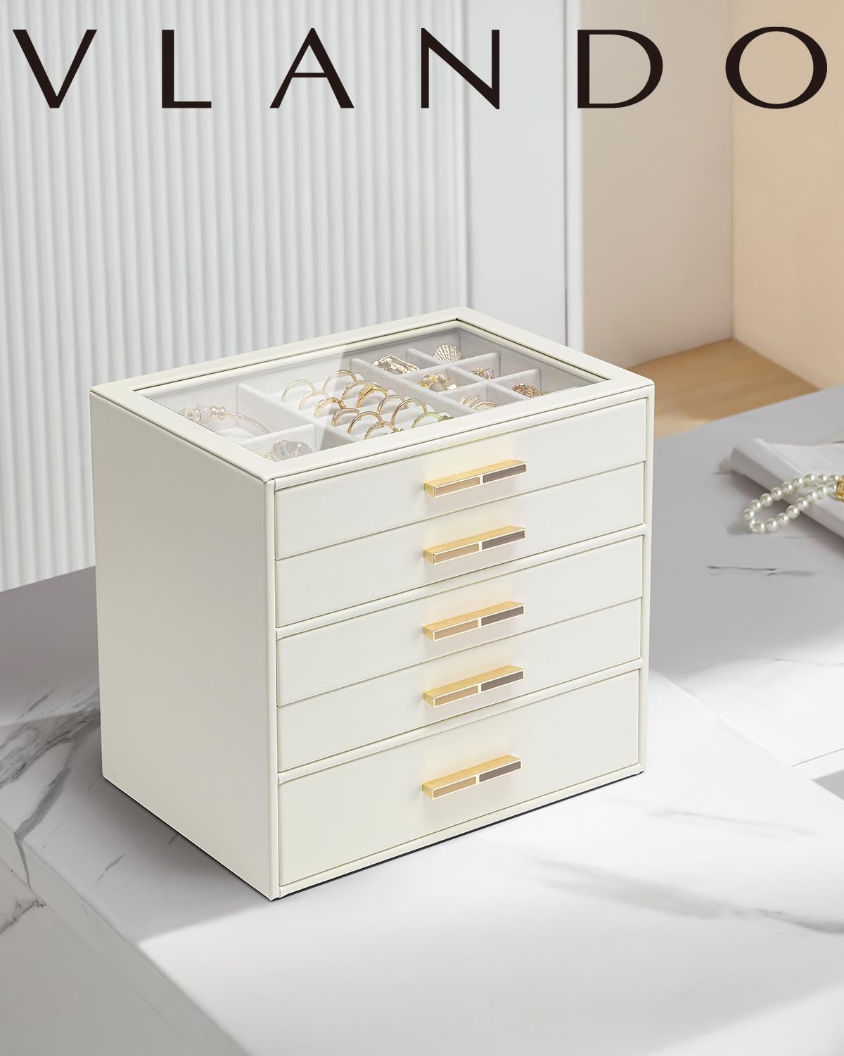 5 Layer Glass Lid Jewelry Organizer with 5 Drawers U2829