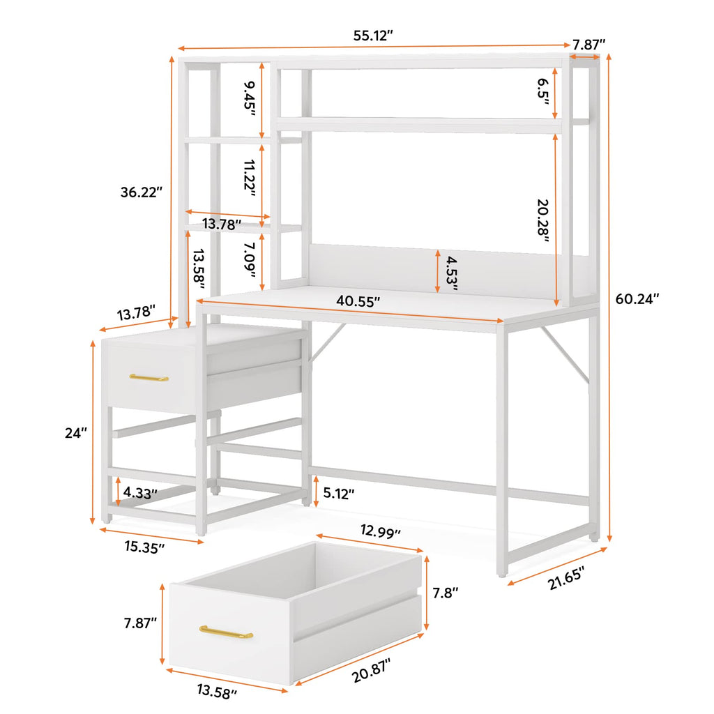 55 Inch Computer Desk with 2 Drawers and Storage Shelves T42839
