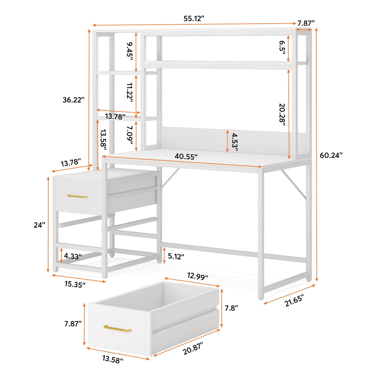 55 Inch Computer Desk with 2 Drawers and Storage Shelves T42839