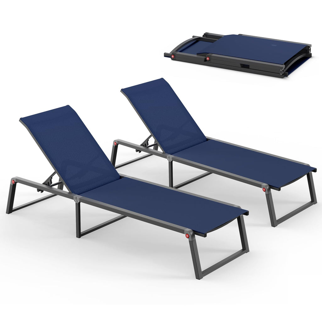 Aluminum Foldable 5-Position Chaise Lounge Chair, Navy Blue, 2 Pack O66289