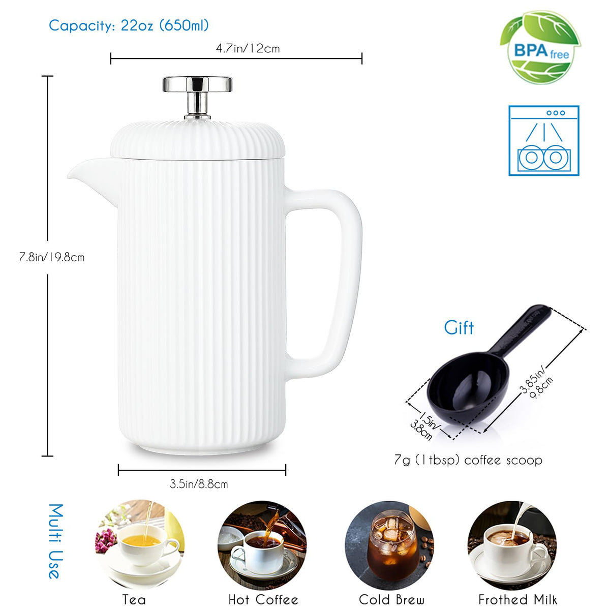 Porcelain French Press 22 fl oz Coffee Tea Maker with Stainless Steel Plunger Ivory R195377