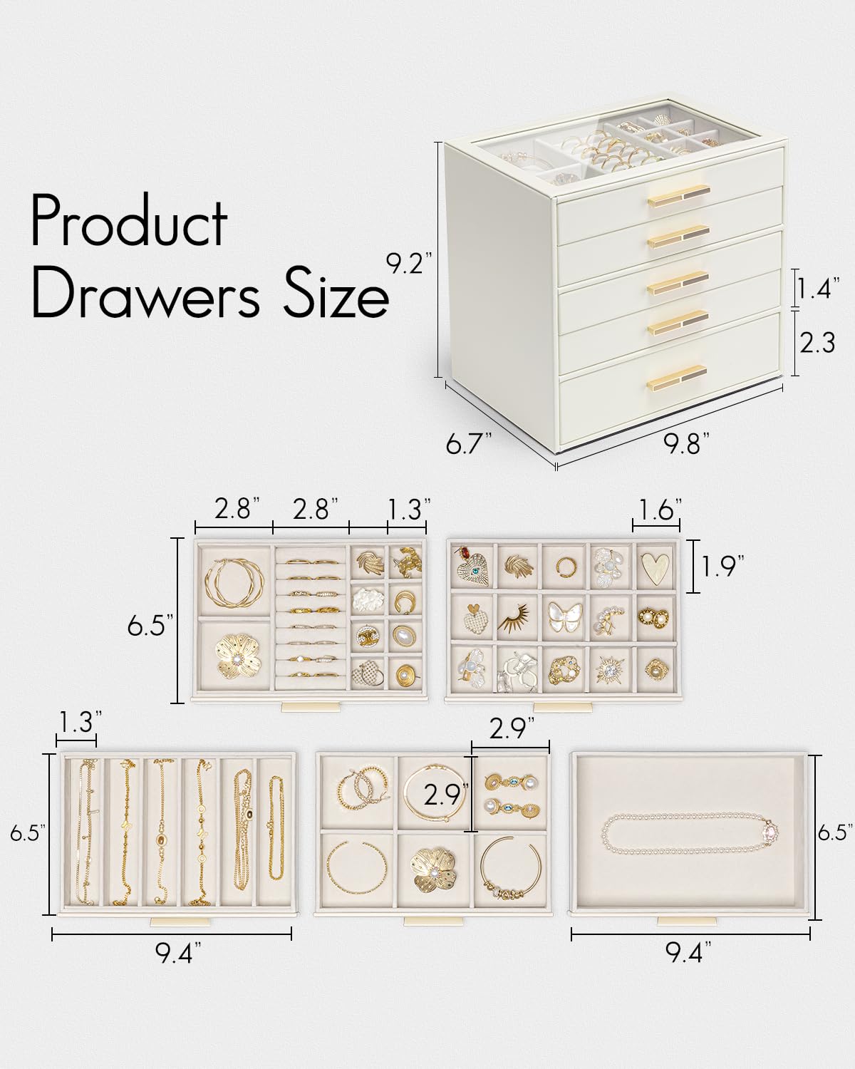 5 Layer Glass Lid Jewelry Organizer with 5 Drawers U2829