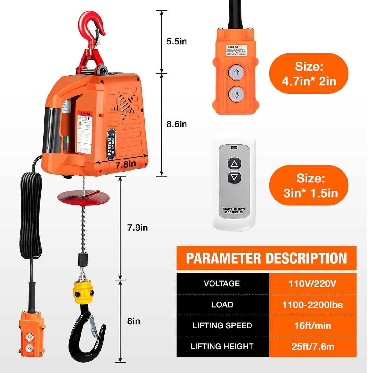 3 in 1 Electric Hoist Winch 2200 lbs 110/120V 25ft V62568