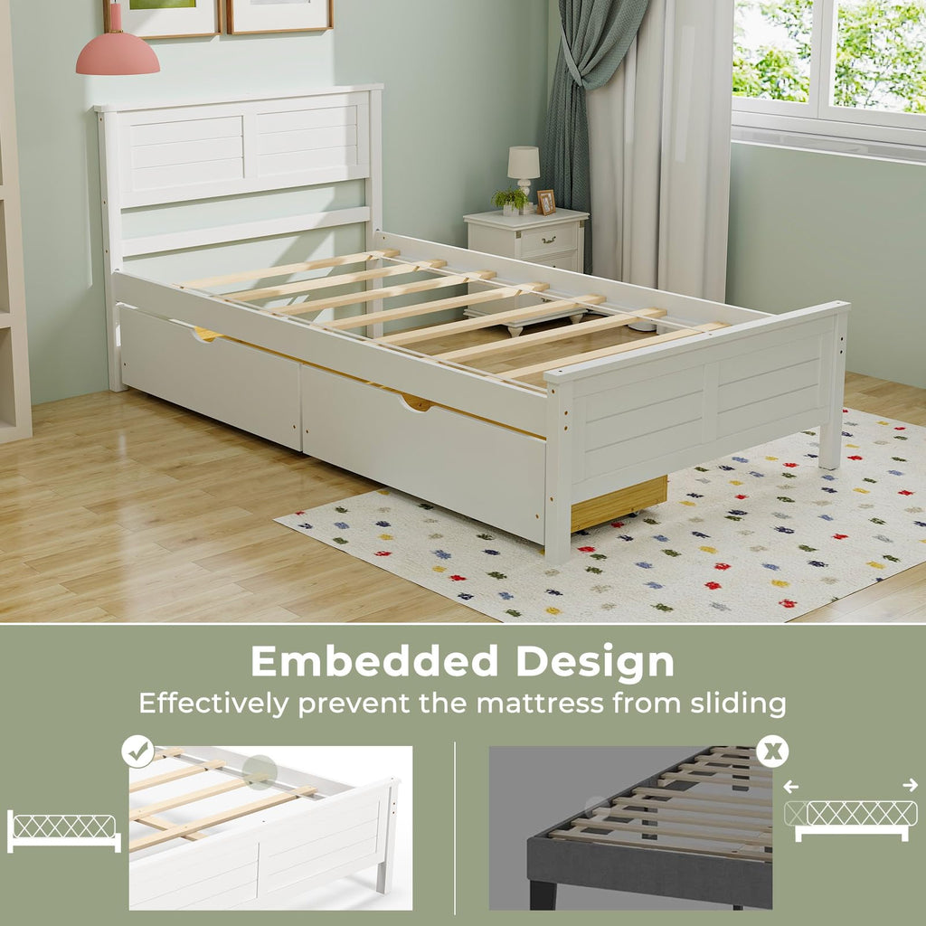 White Wood Twin Bed with 2 Storage Drawers D469