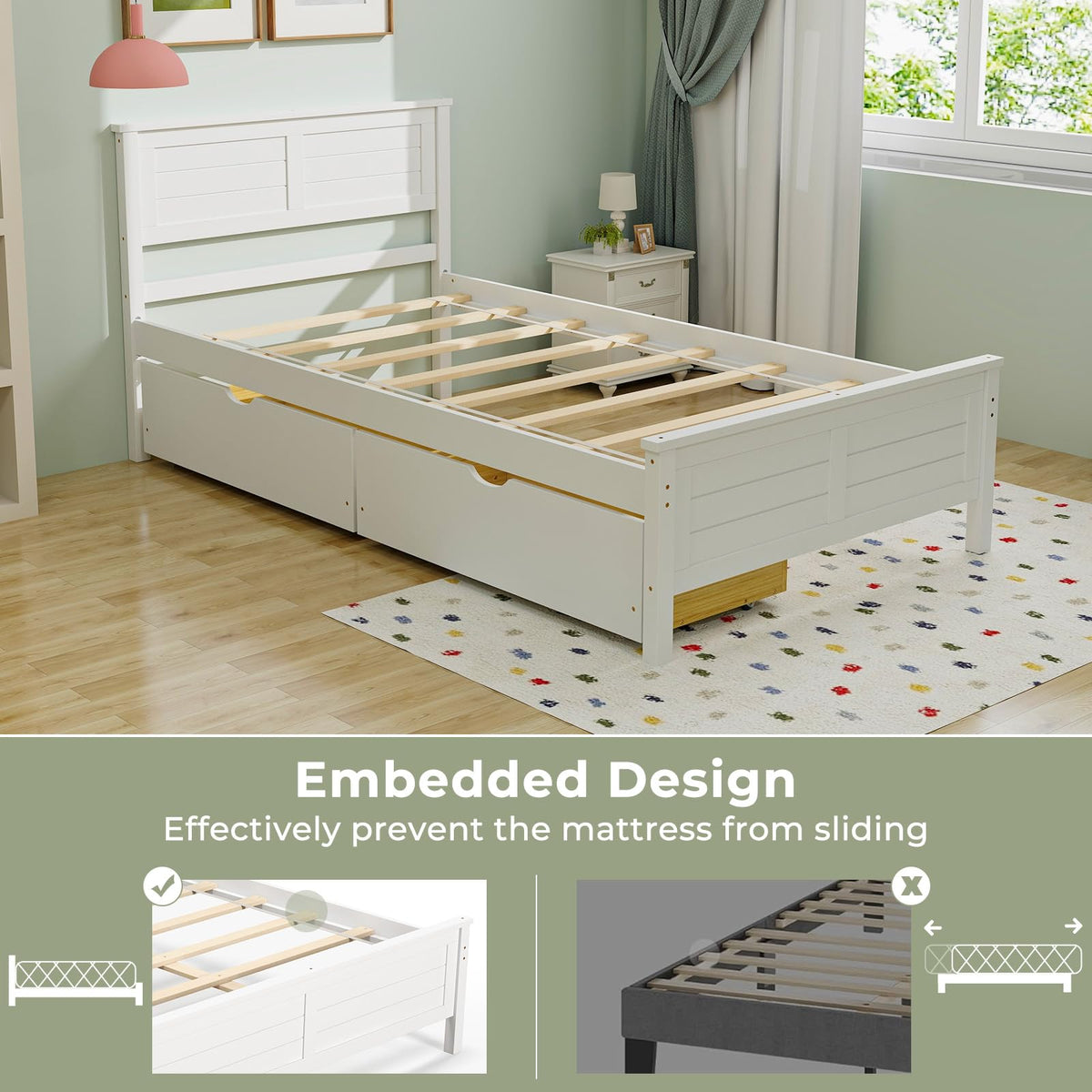 White Wood Twin Bed with 2 Storage Drawers D469