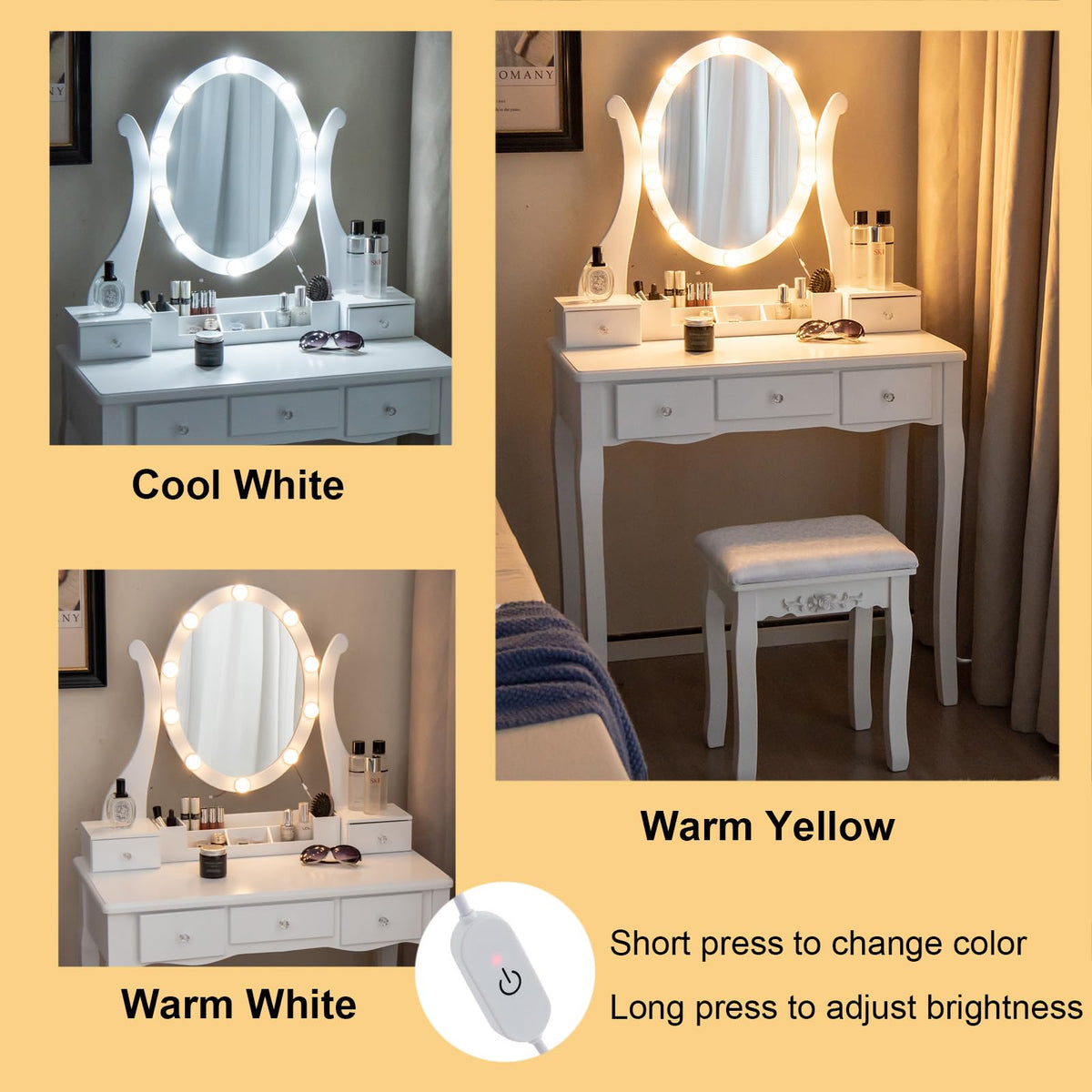 White Makeup Vanity Table with Lighted Mirror and Stool F769