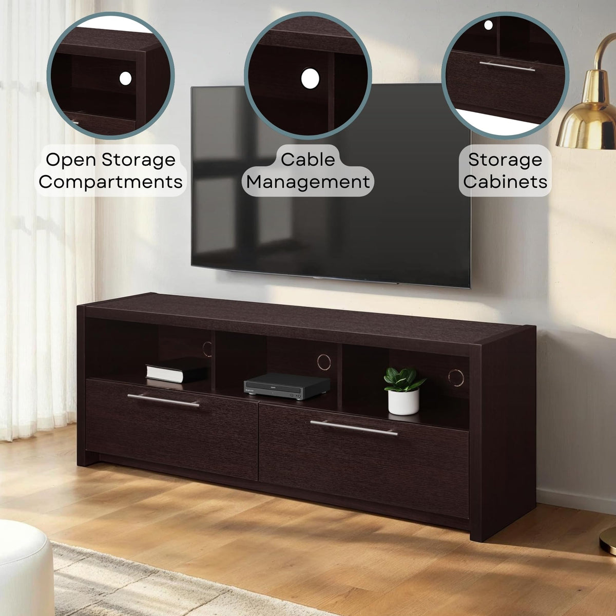 Espresso TV Stand with Storage Cabinets & Shelves T823553