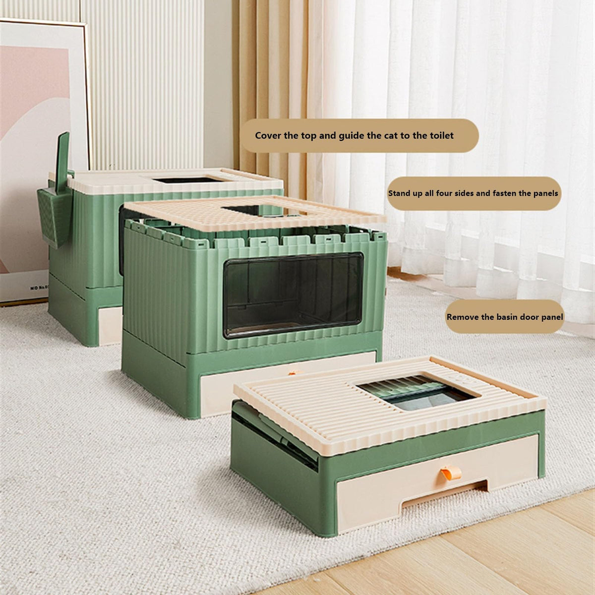 Top Entry Cat Litter Box with Lid Foldable Green I5511