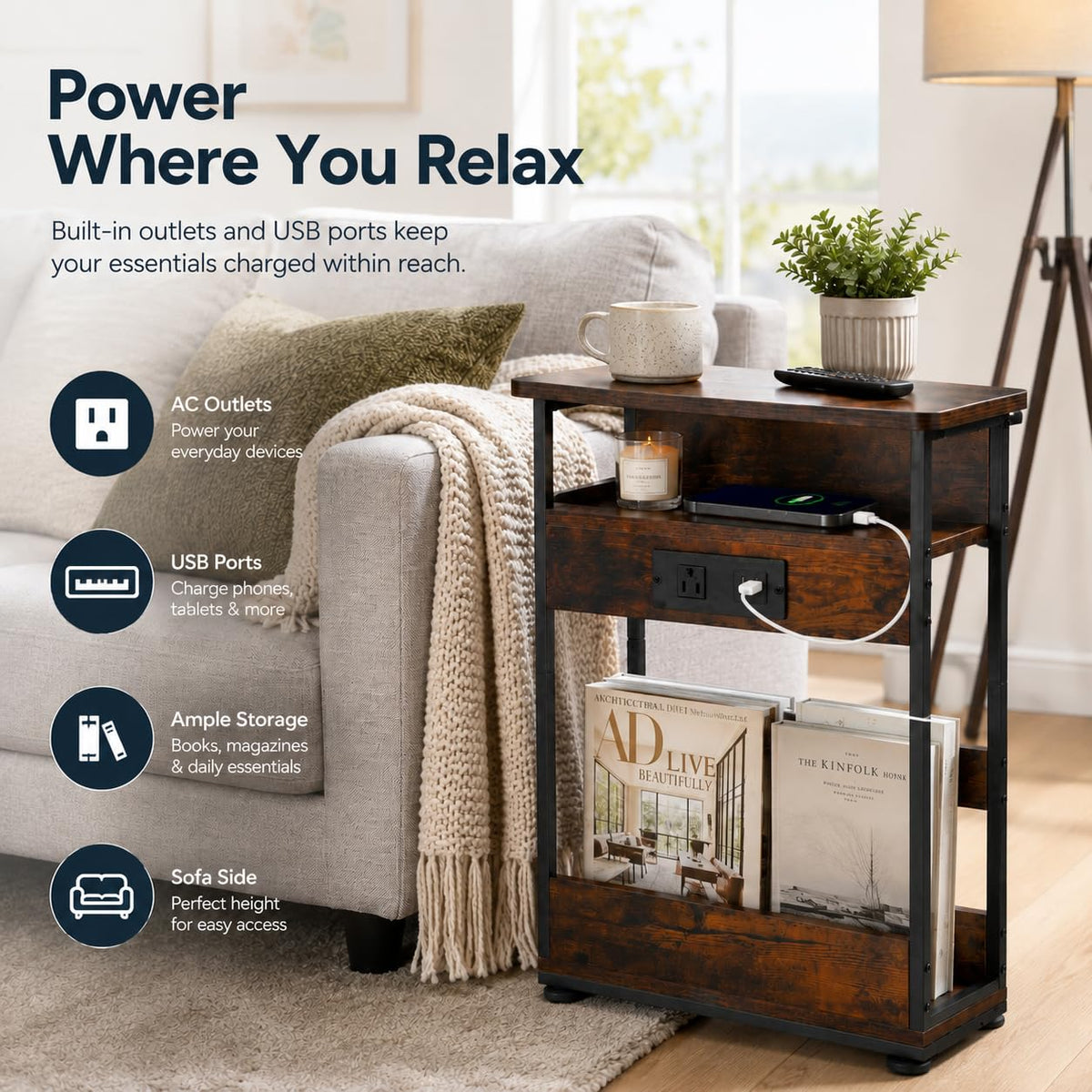 Narrow Side Table with Charging Station K71981