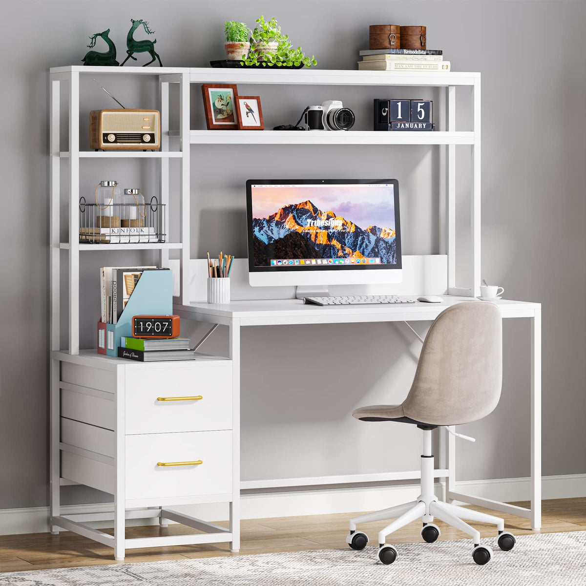 55 Inch Computer Desk with 2 Drawers and Storage Shelves T42839