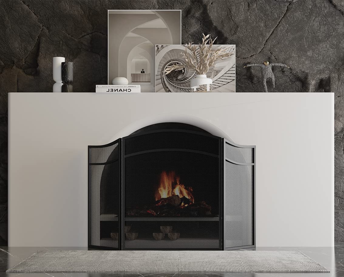 3 Panels Fireplace Screen with Arch Frame Black Y390307