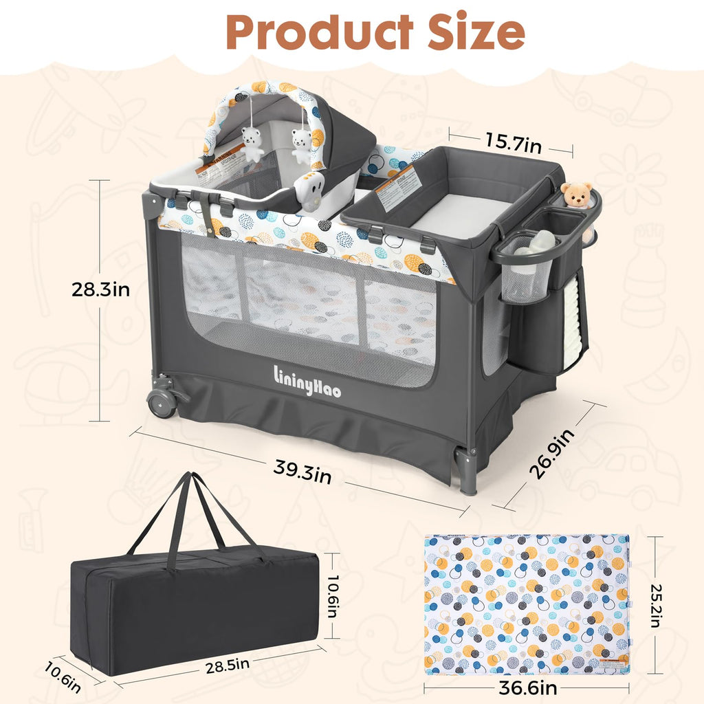 5-in-1 Pack and Play with Bassinet, Changing Table and Mat, Gray W774