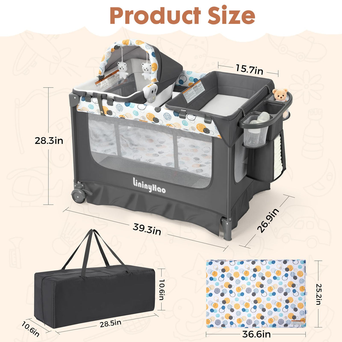 5-in-1 Pack and Play with Bassinet, Changing Table and Mat, Gray W774