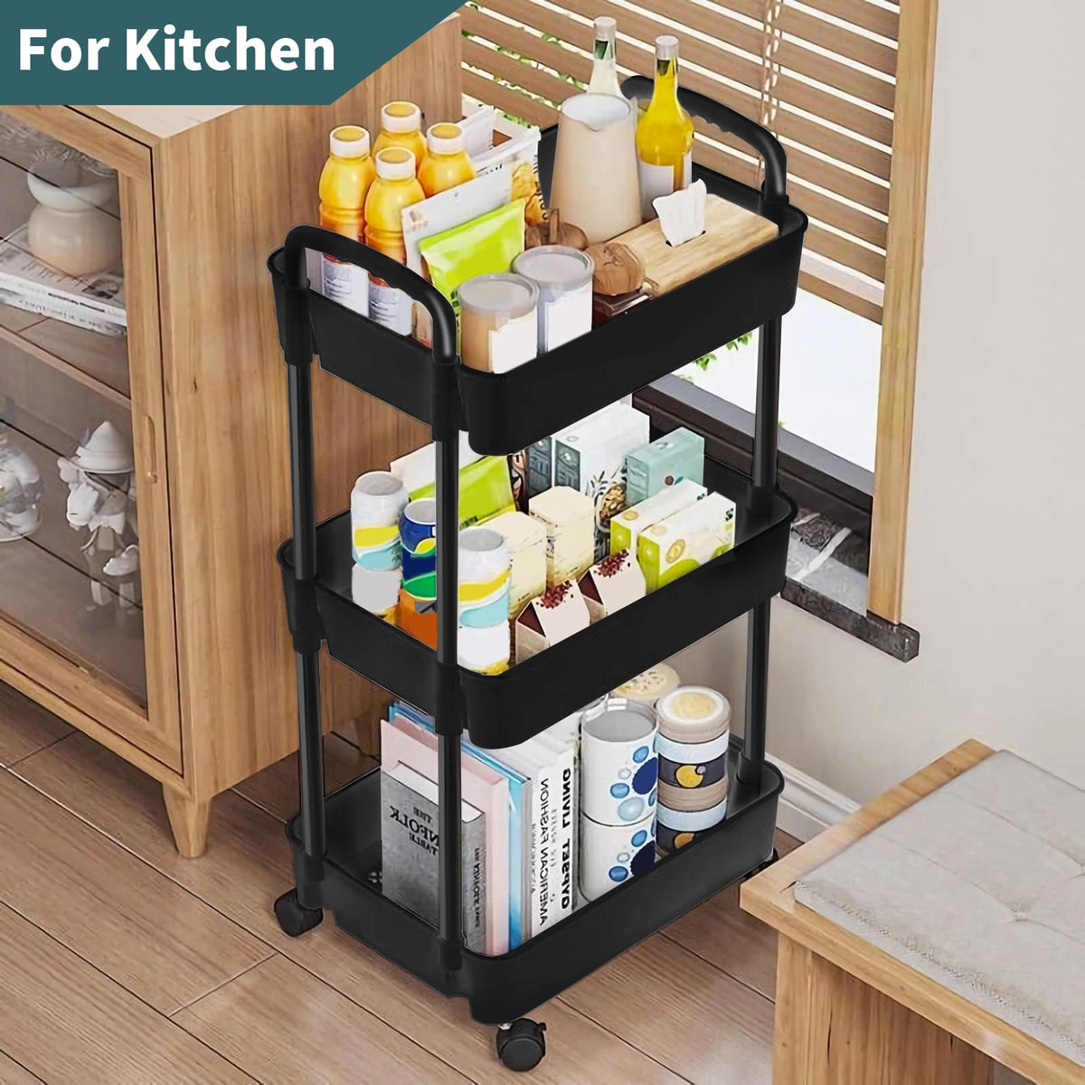 Black 3 Tier Rolling Cart H21235