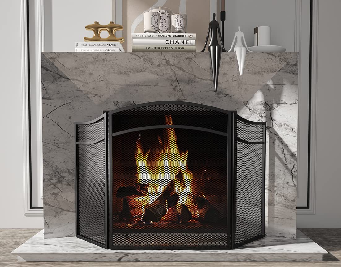 3 Panels Fireplace Screen with Arch Frame Black Y390307