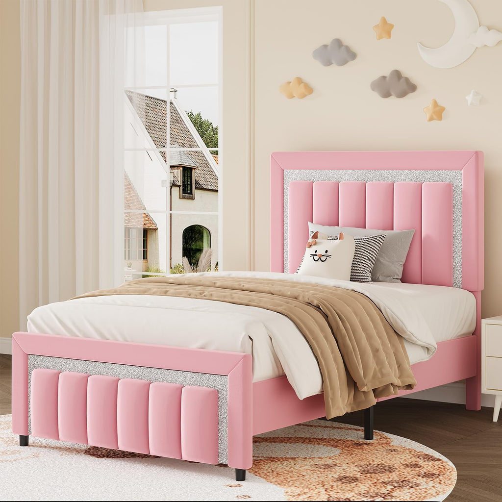 Twin Bed Frames with Upholstered Headboard, Pink N352922