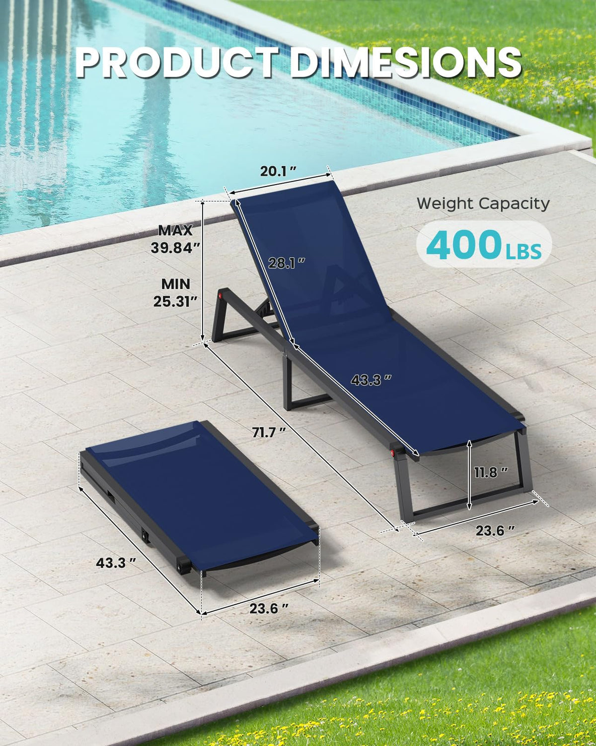 Aluminum Foldable 5-Position Chaise Lounge Chair, Navy Blue, 2 Pack O66289