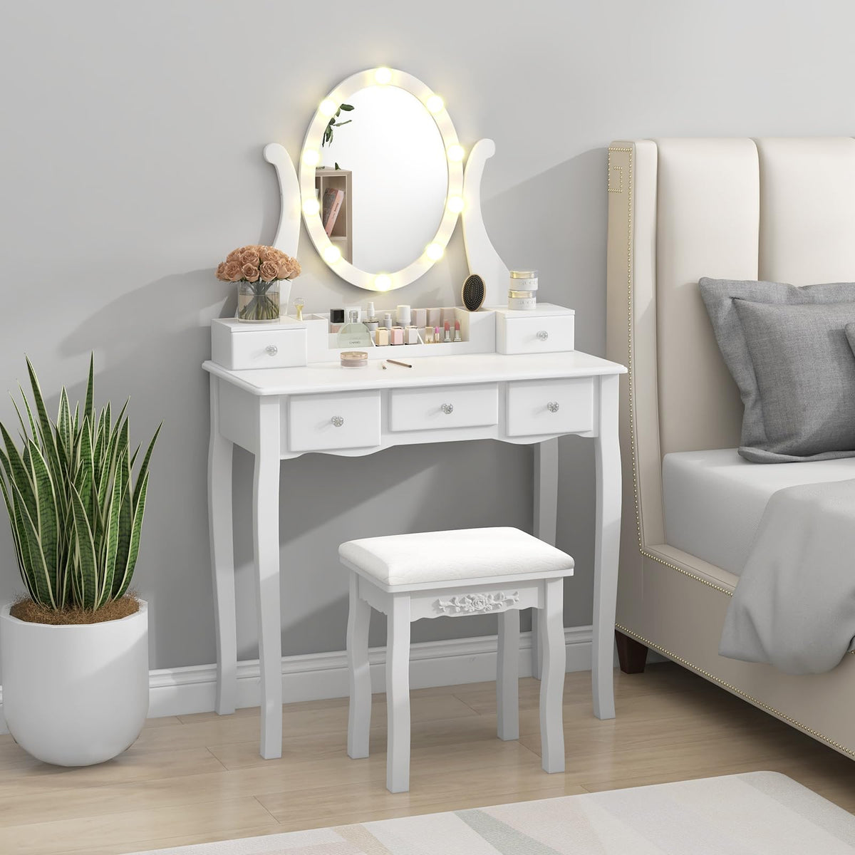 White Makeup Vanity Table with Lighted Mirror and Stool F769
