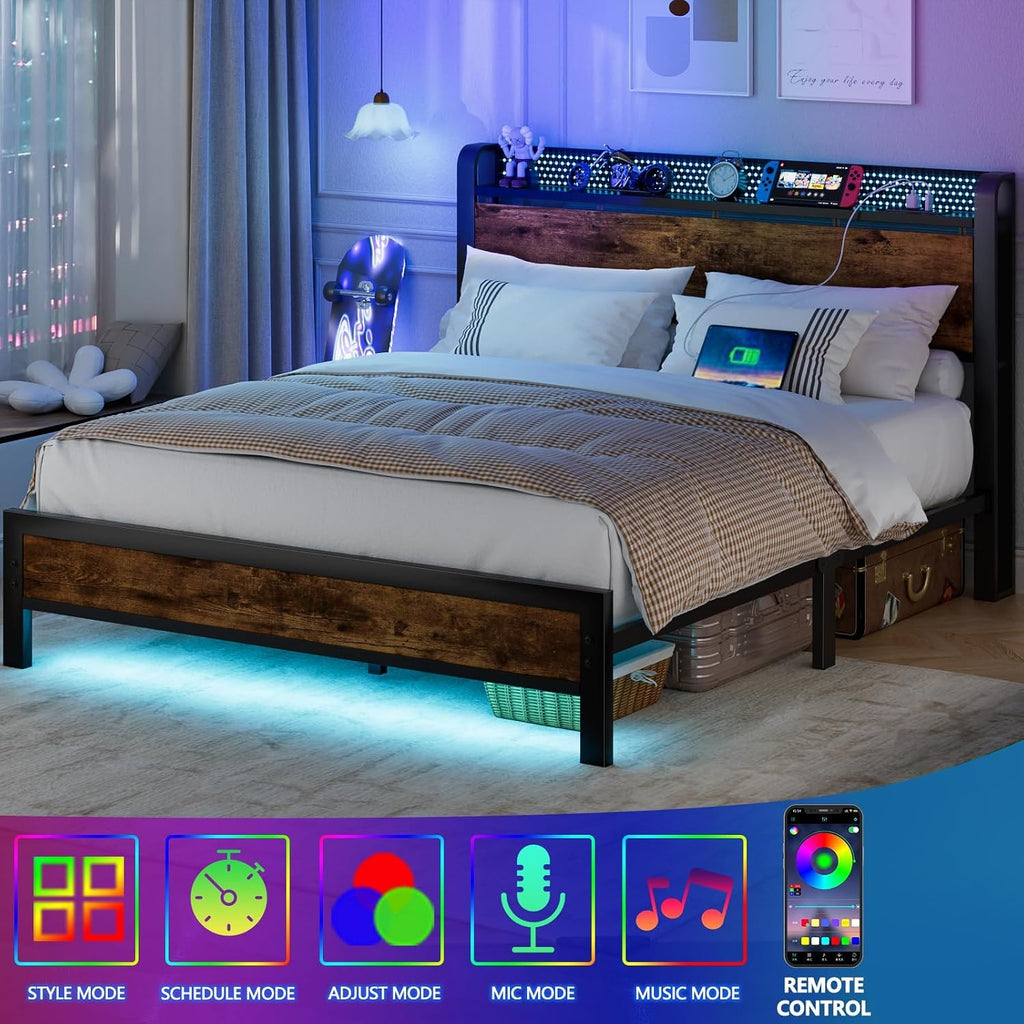 Full Bed Frame with Headboard and LED Lights R2156