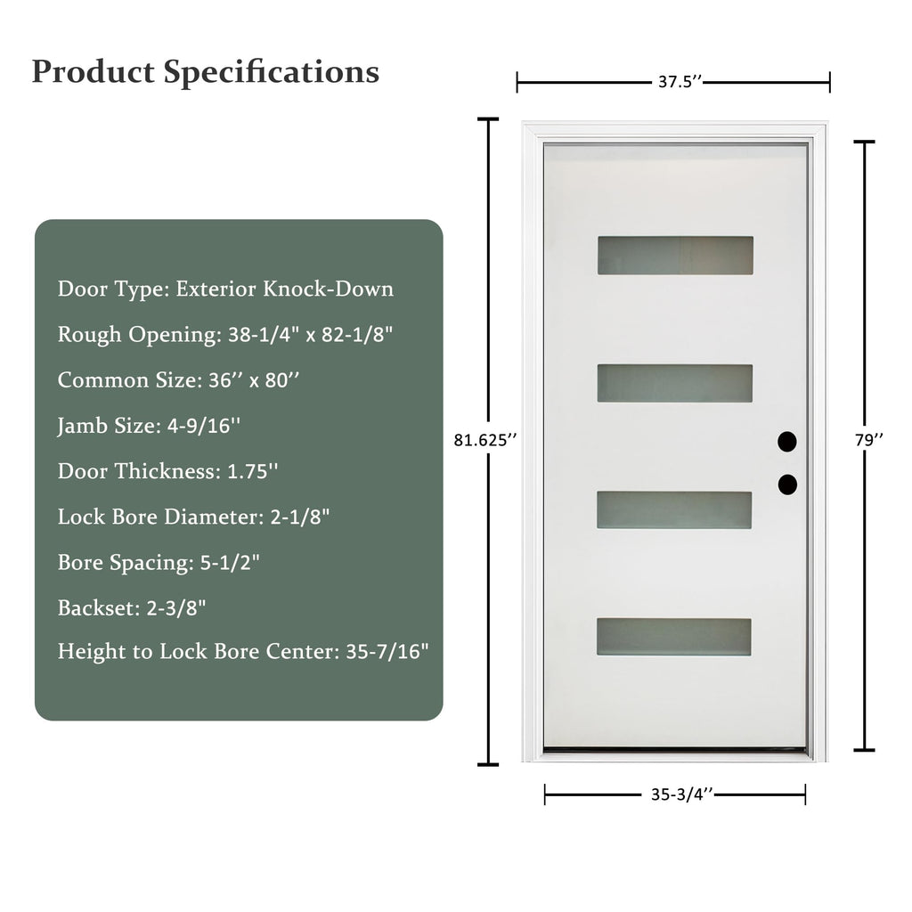 Fiberglass Exterior Front Door 36x80in Left-Hand Inswing Frosted Glass White Primed Q794