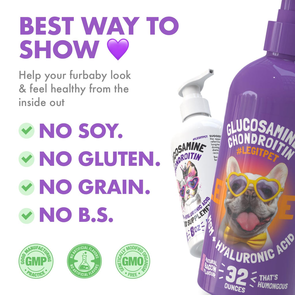 Liquid Glucosamine Chondroitin MSM Hyaluronic Acid Bacon Flavor Dog Supplement 32 oz F4668