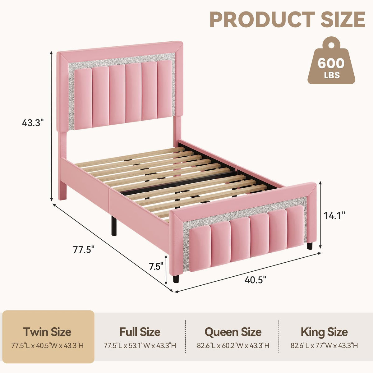 Twin Bed Frames with Upholstered Headboard, Pink N352922