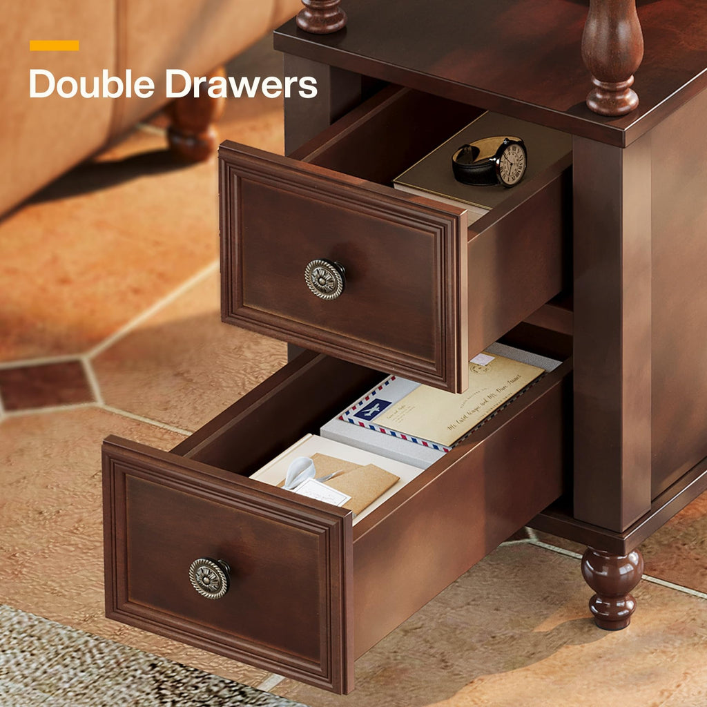 Cherry Finish Wood End Table with 2 Drawers M157913
