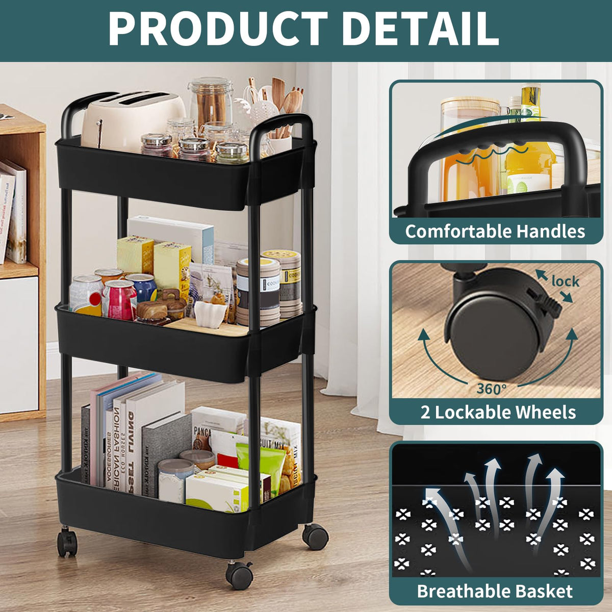 Black 3 Tier Rolling Cart H21235