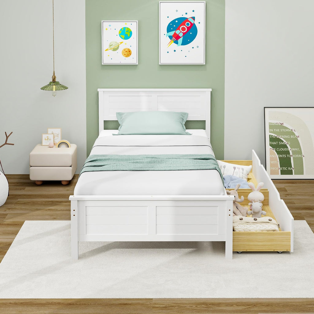 White Wood Twin Bed with 2 Storage Drawers D469