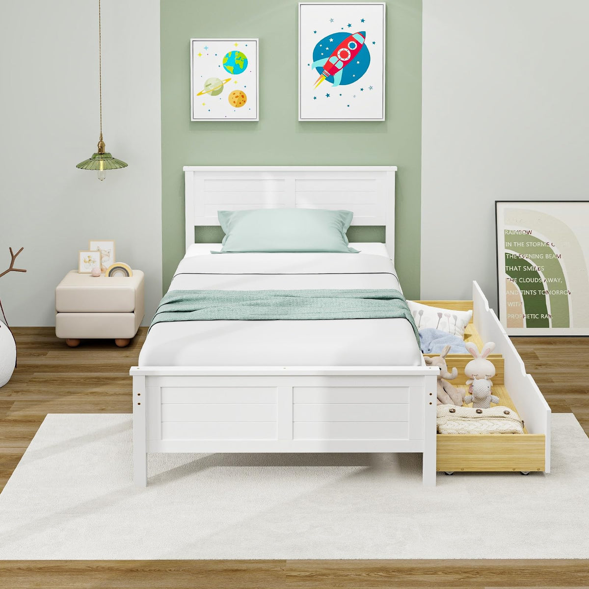 White Wood Twin Bed with 2 Storage Drawers D469