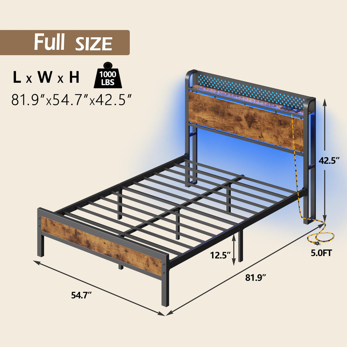 Full Bed Frame with Headboard and LED Lights R2156
