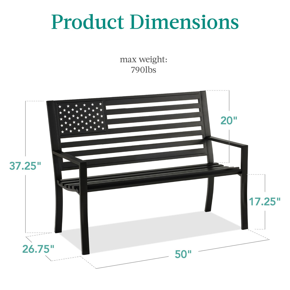 2-Person Steel Indoor/Outdoor Bench with American Flag, 790lb Capacity - Black V7318