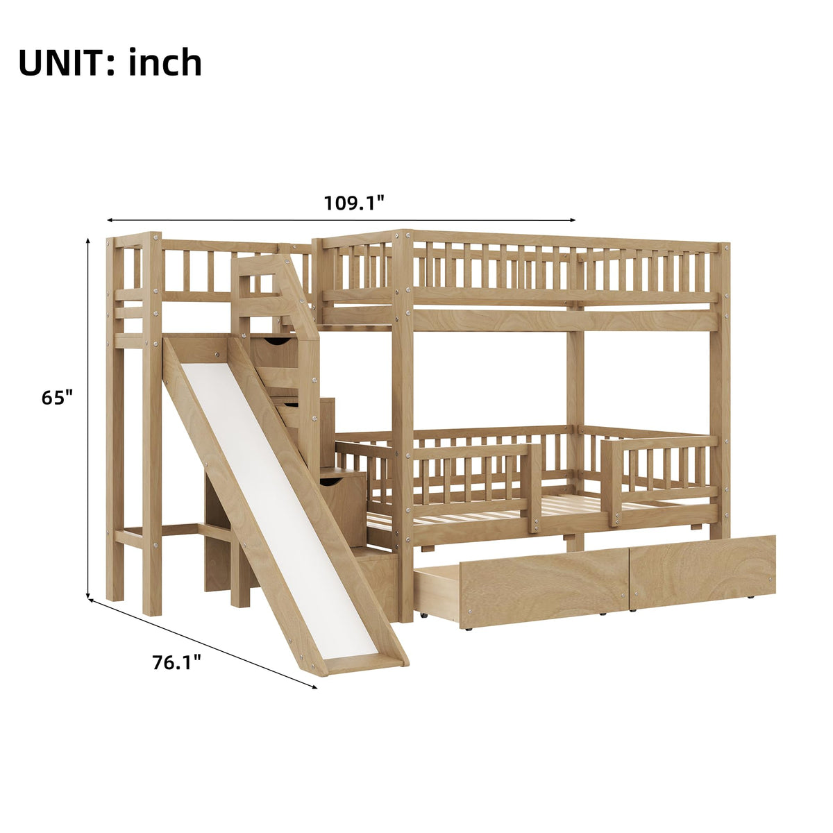 Twin Over Twin Bunk Bed with Slide and Storage Drawers V506