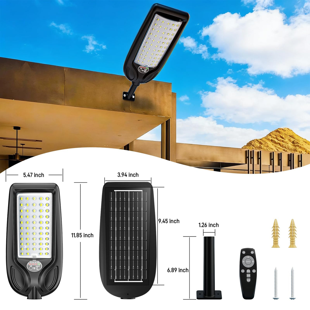 Solar Street Lights Outdoor with Remote Control, Motion Sensor, 6500K Dusk to Dawn, Waterproof Security Light L785