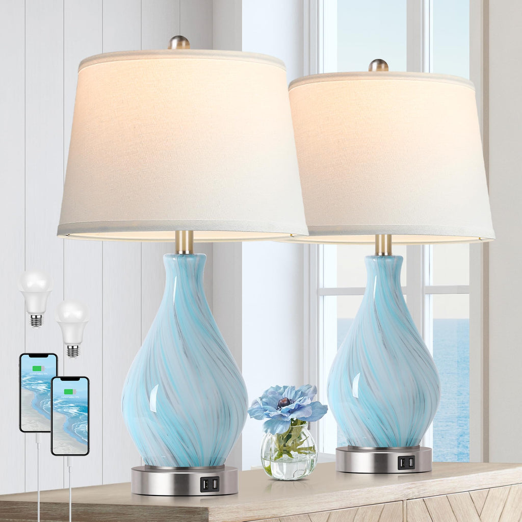 Set of 2 Touch Control Art Glass Table Lamp with USB Ports N96840