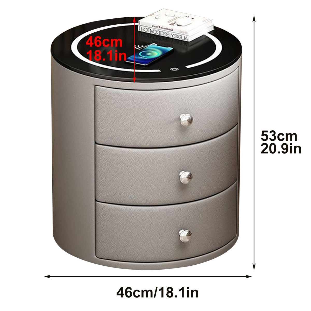 White 3 Drawer PU Leather Nightstand with Wireless Charging and LED Lights U273955