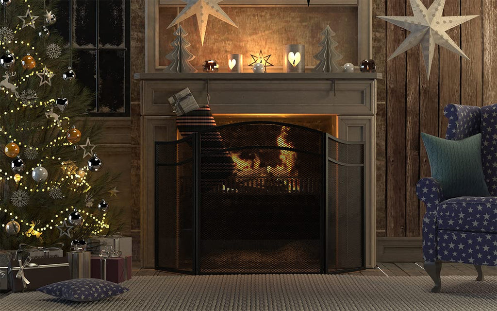 3 Panels Fireplace Screen with Arch Frame Black Y390307