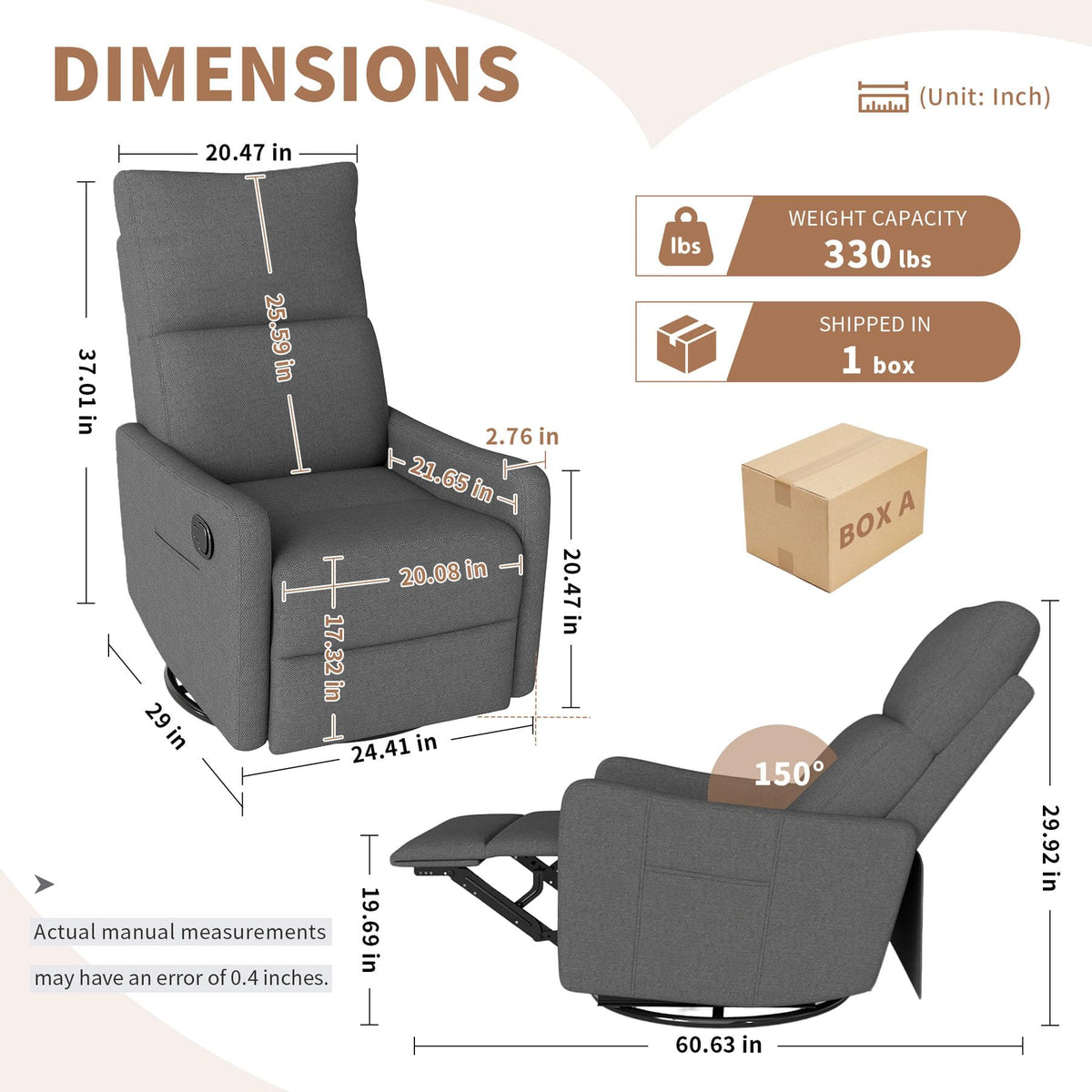 Gray Swivel Rocker Recliner Chair V6581