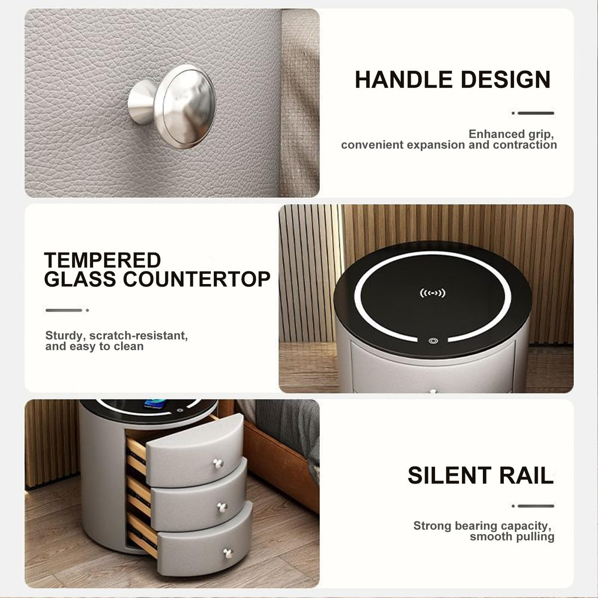 White 3 Drawer PU Leather Nightstand with Wireless Charging and LED Lights U273955
