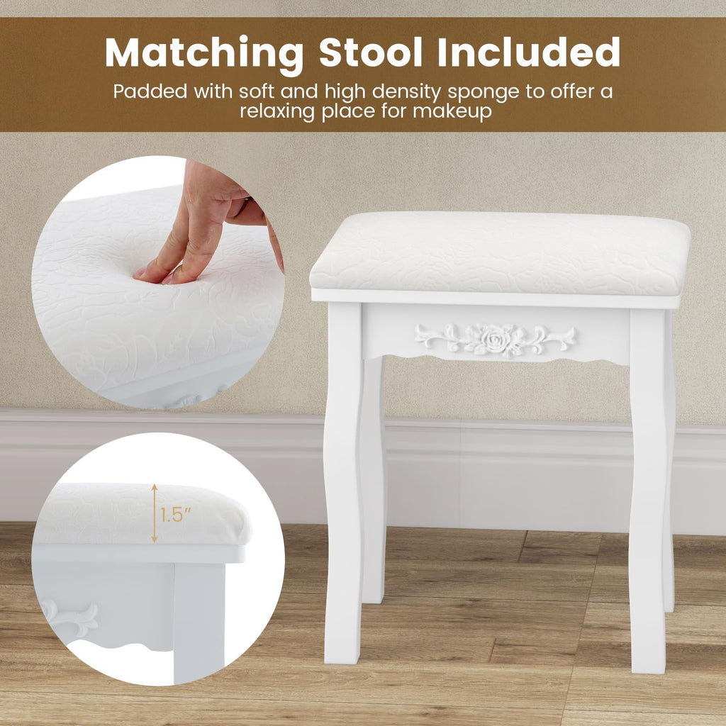 White Makeup Vanity Table with Lighted Mirror and Stool F769